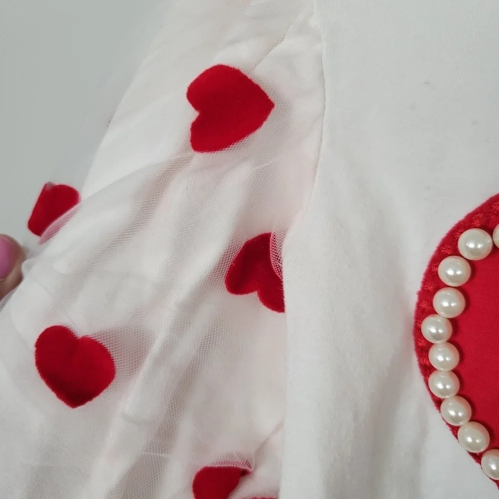 Little Girls White Long Sleeve Shirt Red Heart Velvet Pearl's Tulle Statement 3T